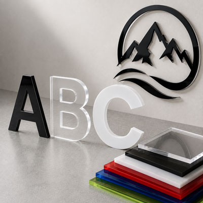 3D-Buchstaben und Logos aus transparentem und farbigem Acryl