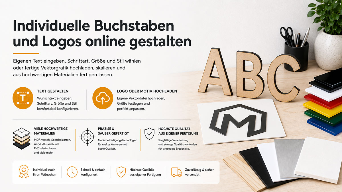 Jetzt 3D-Buchstaben online konfigurieren oder Datei hochladen